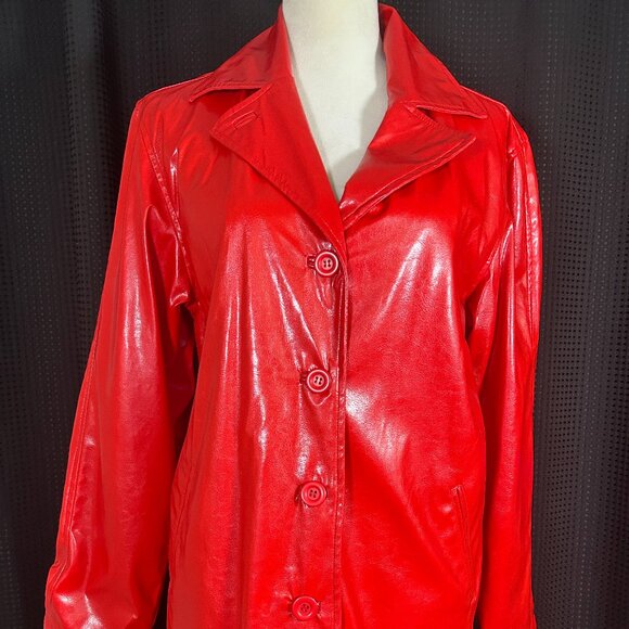 Vintage 90s Y2K Does 60s Womans Red Vinyl Jacket Lined Pockets Mod Go Go - Picture 1 of 16